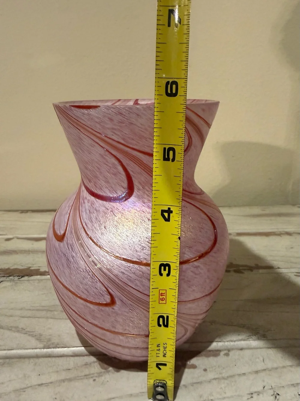 Vintage Art Glass Swirl Vase Pink White Iridescent Art Deco Studio Glass
